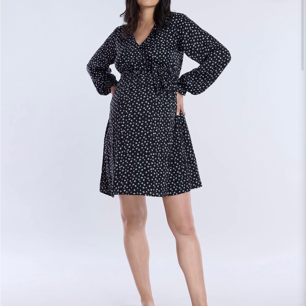Pink blush Woven Wrap Mini Maternity Dress in black floral